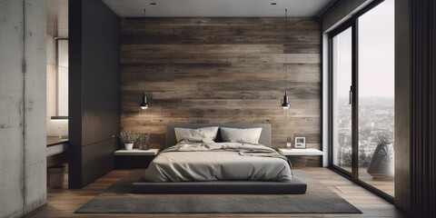 A minimalist Bedroom with a distressed wood accent wall and an industrial pendant light hanging above the bed, generative ai