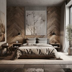 A Modern-Rustic Bedroom with Composite Textures and Contemporary Ceramic Sculptures, imbued with a Hint of Industrial Flair and Sharp Angles, generative ai