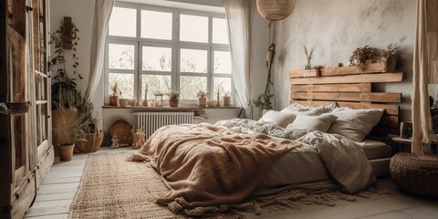 A cozy bohemian Shabby Chic Bedroom with layered natural textures including distressed wooden furniture and un-dyed linen bedding, generative ai