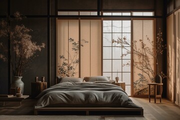 A tranquil Japanese-inspired Bedroom reflecting nature through the use of rice paper textures and earth tones, generative ai