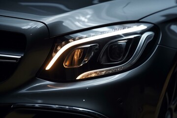 Obraz na płótnie Canvas Detail close up view of the LED adaptive head light of premium luxury sedan car. Automotive headlight lighting technology detail. Generative AI