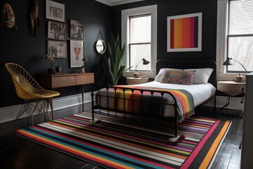 A modern English Bedroom featuring a bold black and white stripes rug, sleek metal furniture, and colorful tasselled wall hangings, generative ai