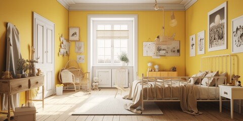 A whimsical Farmhouse Bedroom perfect for a child or a child-at-heart, featuring playful artwork, a bright yellow accent wall, and a vintage rocking horse adding charm to the space, generative ai