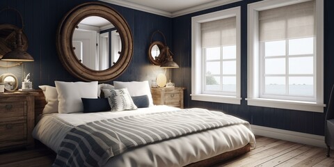A maritime-inspired Bedroom with navy blue and white stripes, rope detailing, and porthole mirror accents for an authentic seafaring vibe, generative ai