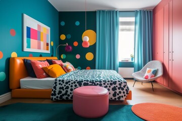 A playful Retro Bedroom with unique pop art accents and bright color scheme for a youthful vibe, generative ai