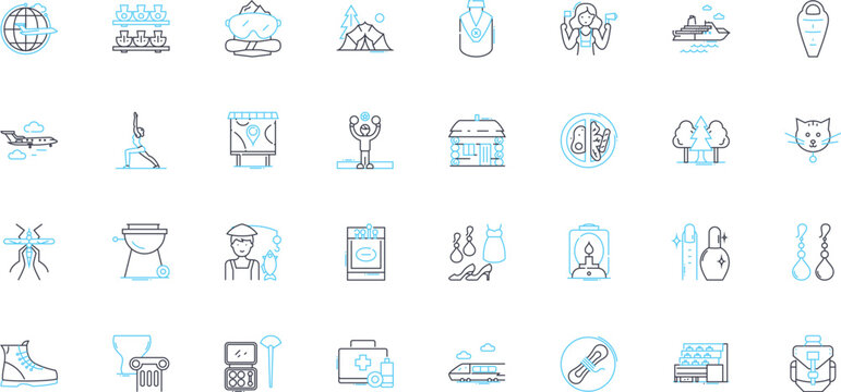 Interests linear icons set. Hiking, Baking, Photography, Painting, Gardening, Yoga, Reading line vector and concept signs. Writing,Dancing,Traveling outline illustrations Generative AI