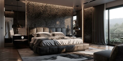 A stylish Art Deco Bedroom with reflective surfaces, high-gloss metallic accents, and textured animal prints epitomizes bold glamour, generative ai