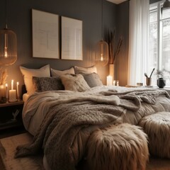A chic Scandinavian Bedroom with brass accents, geometric shapes, and faux fur textures, generative ai