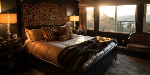 A cozy Hollywood Regency Bedroom featuring a brown lacquered headboard, leopard print throw blanket, and warm gold lighting, generative ai