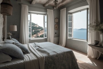A tranquil Mediterranean Bedroom decorated with soft muted fabrics and relaxing colors, framed by picturesque views of the ocean, generative ai
