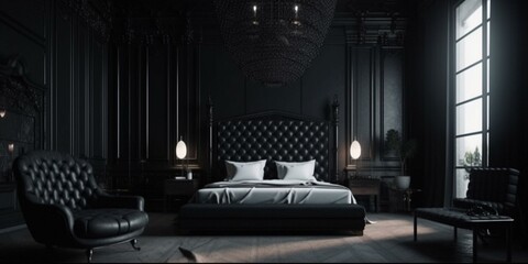 A minimalist Gothic Bedroom with a sculptural black bed, textured wall panels and a sleek chandelier, generative ai