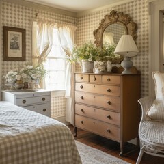 A charming Cottage Bedroom with a soft Gingham wallpaper and an antique dresser, generative ai