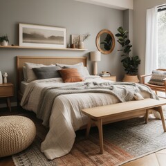 A Serene Mid-Century Modern Bedroom with Geometric Patterns and Tweed Textures, generative ai