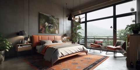 A contemporary and eclectic Bedroom with leather and concrete textures, combining adventurous prints, bold colors, and mixed material furnishings into a stylish whole, generative ai