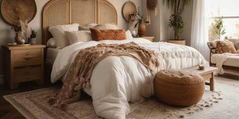 A cozy Boho Chic Bedroom featuring rattan bedside tables and embroidered throw pillows, generative ai