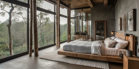 A rustic Zen Bedroom with natural bamboo accents and muted earthy tones, generative ai