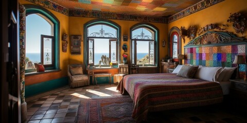 A vibrant Mediterranean Bedroom featuring a colorful patchwork of tiles and fabrics, paired with bold statement pieces and eclectic decor, generative ai