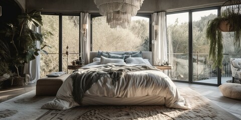 A luxurious Boho Chic Bedroom with a plush fringe duvet cover and a bohemian crystal chandelier, generative ai
