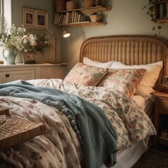 A cozy Country Bedroom with a wicker headboard and chintz bedding, generative ai