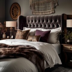 A luxurious English Bedroom with opulent velvet tasselled pillows and a stunning woven stripe fabric headboard, paired with sleek modern accents, generative ai
