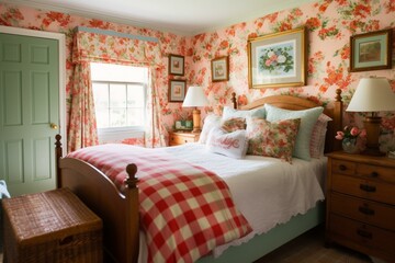 A vibrant Country bedroom infusing an energetic pop of color against the backdrop of the serene floral prints and quaint gingham texture, generative ai
