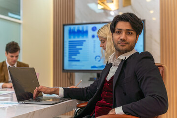 Team work. Businesswoman and man working and having a discussion in the meeting room