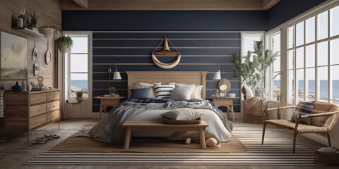 A rustic Nautical Bedroom featuring driftwood accents, authentic rope detailing, and rich navy blue and white stripes for an organic coastal feel, generative ai