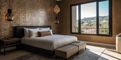A bold Mediterranean Bedroom with a statement wallpapered accent wall and sleek metal nightstands, generative ai