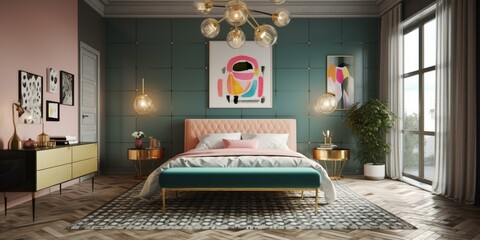 A Chic Retro Bedroom with Pop art canvas prints, colorful geometric patterns walls, sleek linear furniture, and an elegant gold sputnik chandelier, generative ai