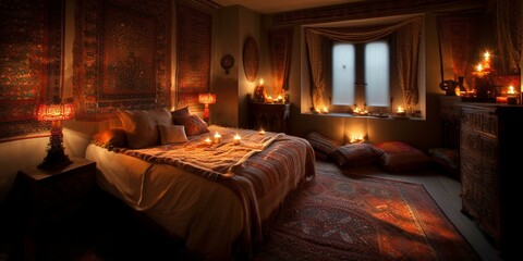 A romantic Bedroom illuminated by warm lighting that highlights the intricate Ethnic textiles, generative ai