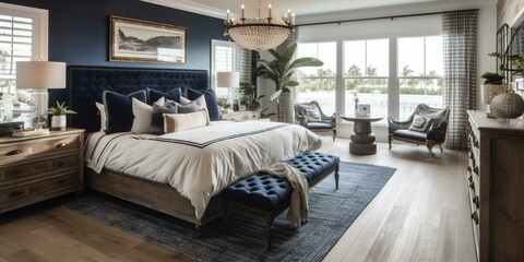 A sophisticated Nautical Bedroom featuring a navy blue button-tufted headboard, weathered wood dressers, a navy and white striped area rug, and a crystal chandelier, generative ai