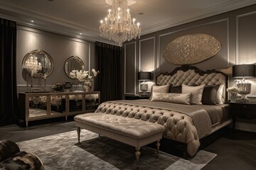 A lavish and opulent Bedroom filled with sumptuous fabrics and metallic accents, creating a luxurious atmosphere, generative ai