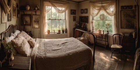 A cozy bedroom with vintage lace curtains and burlap bedspread, generative ai