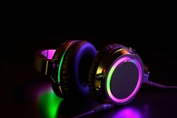 Fototapeta na wymiar headphones on a black background close-up in neon light. Generative AI