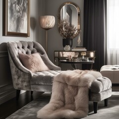 An opulent bedroom design featuring a velvet chaise lounge, a crystal table lamp, and a faux fur throw, generative ai