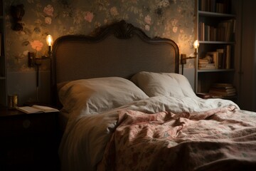 A cozy bedroom with a romantic brocade covered headboard and simple brass reading lamps, generative ai