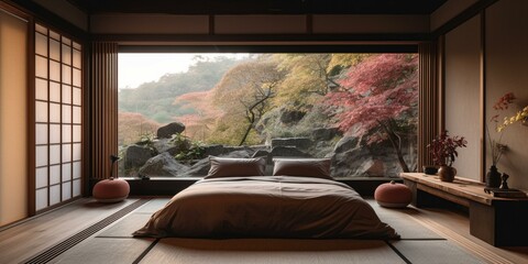 A serene Japanese-inspired Bedroom with airy shoji screens and a zen rock garden, generative ai