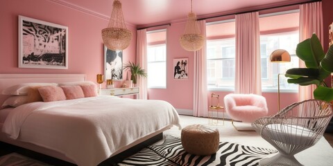 A playful Hollywood Regency Bedroom boasting a pink lacquered accent wall, zebra print armchair, and feather pendant light, generative ai