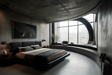 A stylish and minimalist Bedroom with leather and concrete textures, featuring a sculptural black leather bed and stark white walls, generative ai