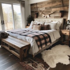 A rustic-chic Cottage Bedroom with a reclaimed wood headboard, plaid blankets, and a cowhide rug, generative ai