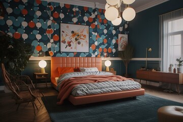 A Bold Retro Bedroom with life-size Pop art prints, geometric shapes wallpaper, funky mid-century modern furniture, and a large spherical chandelier, generative ai