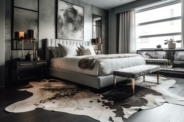 A modern take on Hollywood Regency Bedroom with a gray lacquered bed frame, cowhide rug, and minimalist decor, generative ai