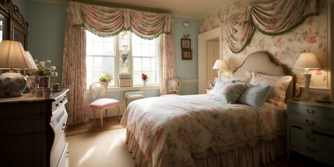 A delightful bedroom with a touch of countryside elegance emanates comfort through the harmonious display of floral prints and gingham textures, generative ai