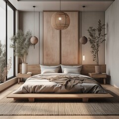A tranquil Zen style Bedroom with a soft cotton area rug and natural wood furniture, generative ai