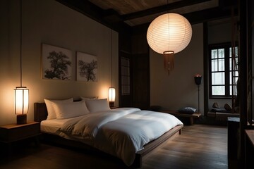 A luxurious Zen style Bedroom with a plush cotton duvet and designer lighting fixtures, generative ai