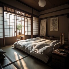 A traditional Japanese Bedroom with all-white silken bedding, tatami mats, and soft lighting, generative ai