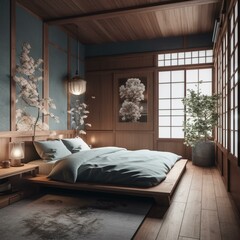 A traditional Japanese Bedroom featuring warm wooden accents and minimalistic decor, generative ai
