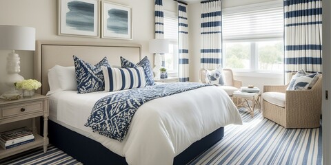 A charming Coastal Bedroom featuring a mix of stripe patterns, nautical rope decor, and crisp white linens for a fresh, airy feel, generative ai