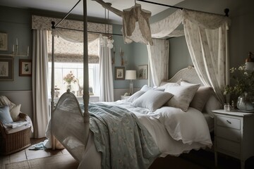 A muted country bedroom radiating tranquility nestled under a canopy of floral prints and gingham textures, allowing for a relaxed slumber, generative ai