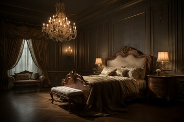 A stunning Bedroom featuring a stately carved bed, plush gold brocade drapes, and soft muted lighting emanating from elegant sconces, generative ai